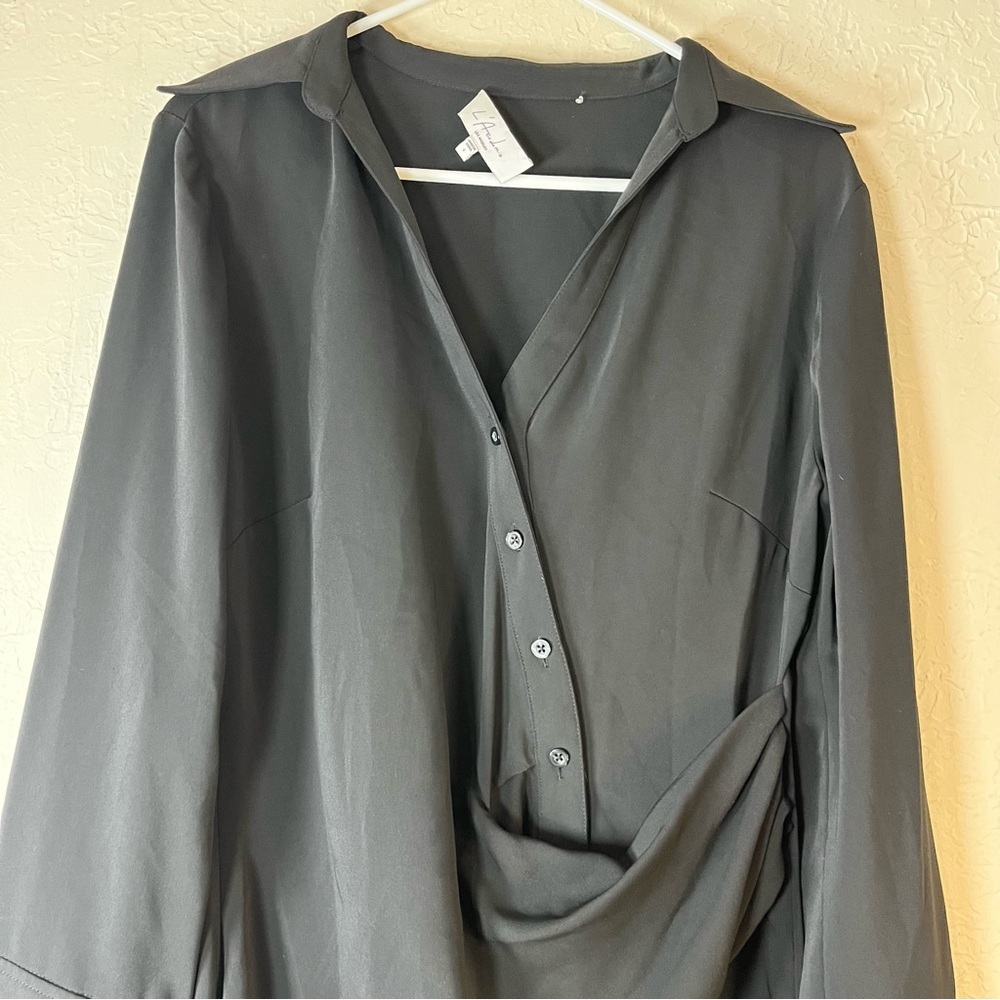 L’Academie Karolina Faux Wrap Shirt Dress – Black | Size L - Picture 4 of 13